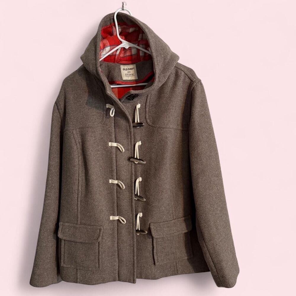 Old Navy jacket womens XXL brown duffle toggle wool hooded plaid winter coat